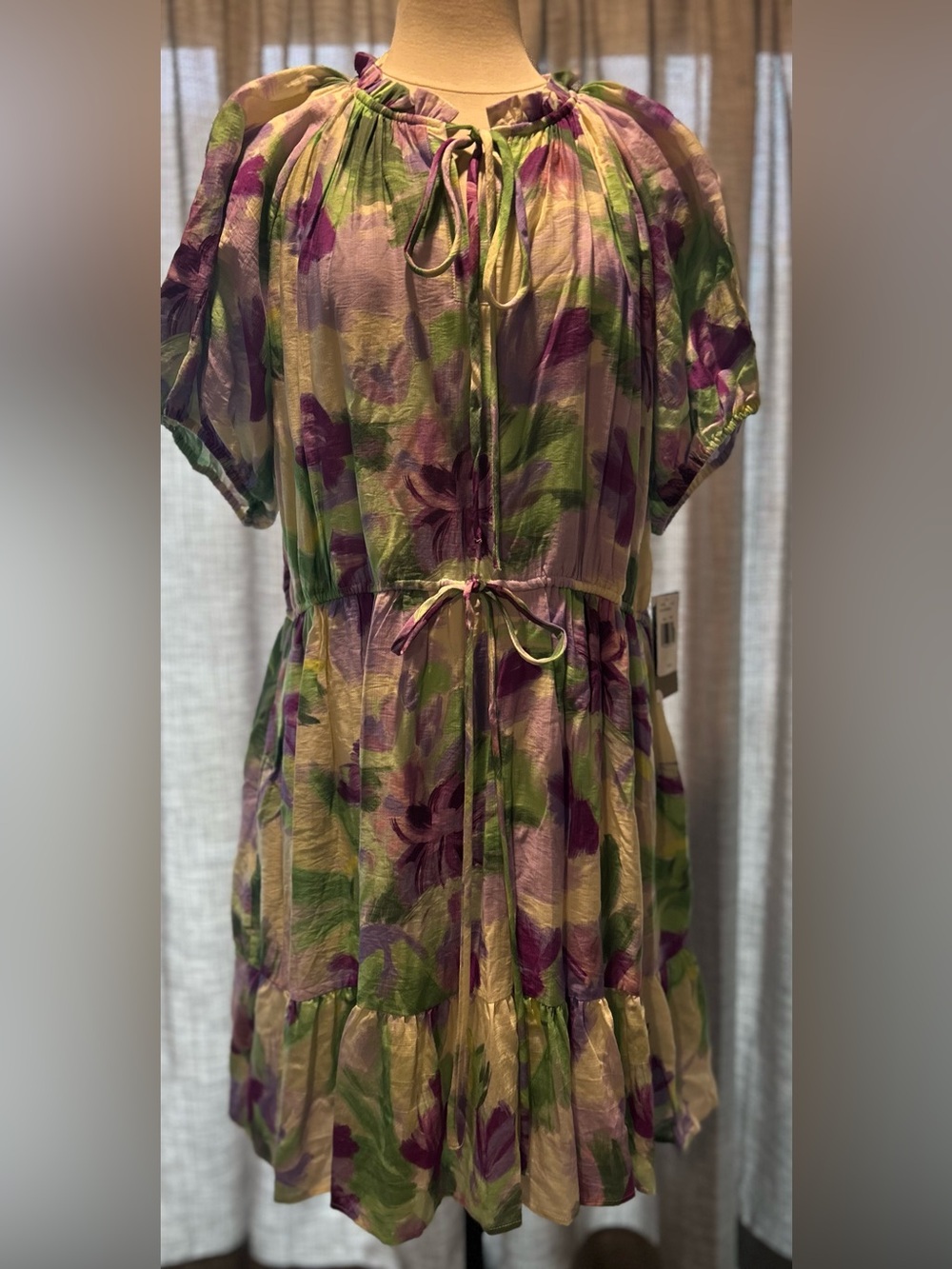 Maison Tara Purple & Green Floral Tie-Waist Midi Dress